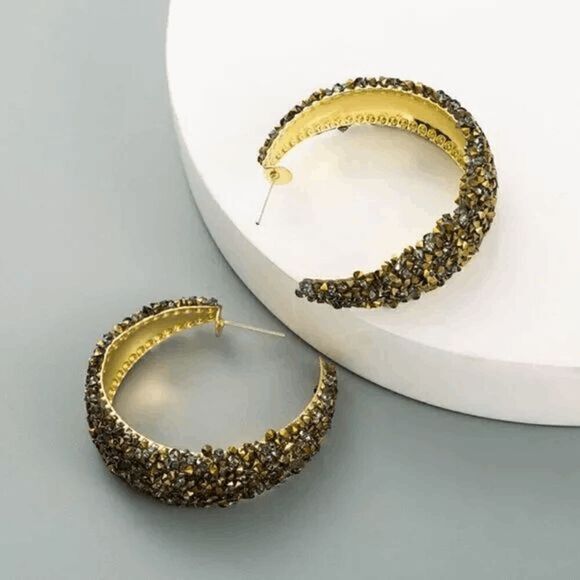 2/$21 Dark Grey Trendy Sparkle Hoop Earrings - Picture 1 of 4